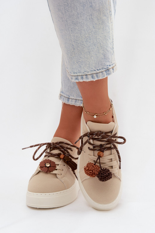 Smilšu krāsas Corinna sieviešu platformas sporta apavi ar grezniem pomponiem