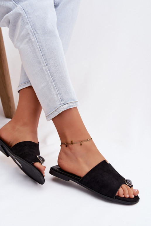 Čības Sieviešu dzīvoklis Ar greznu Detalem Eko zamšādaoIne melnas krāsas Selavine