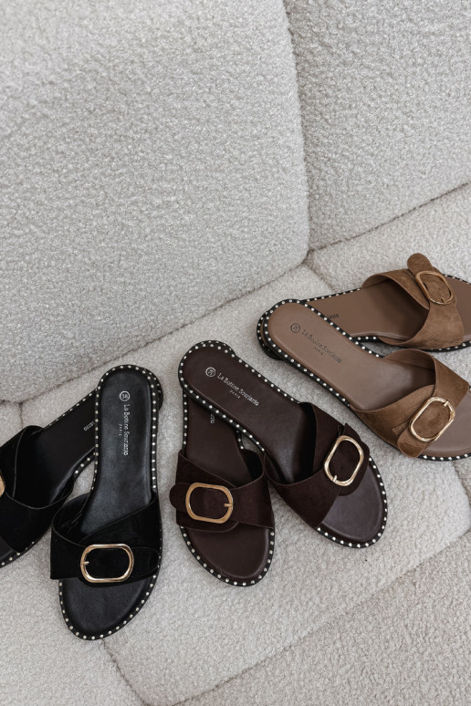 sieviešu čības ar platiem papēžiem Ar zelta sprādzi melnas krāsas Selivelle