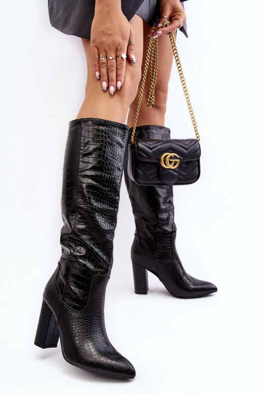 sieviešu garie zābaki ar papēdi siltināti Čūskas raksts melnas krāsas Delul