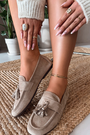 Mokasīni sieviešu ar pūciņām smilšu krāsā 2