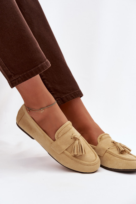 Mokasīni sieviešu ar pūciņām dzeltenā krāsā