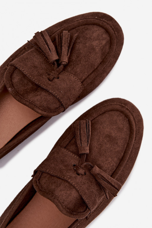 Mokasīni sieviešu ar pūciņām šokolādes krāsā