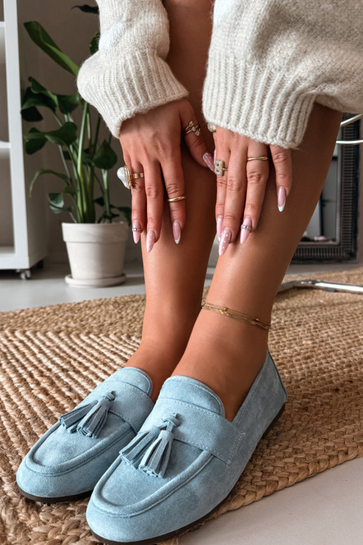 Mokasīni sieviešu ar pūciņām zilā krāsā