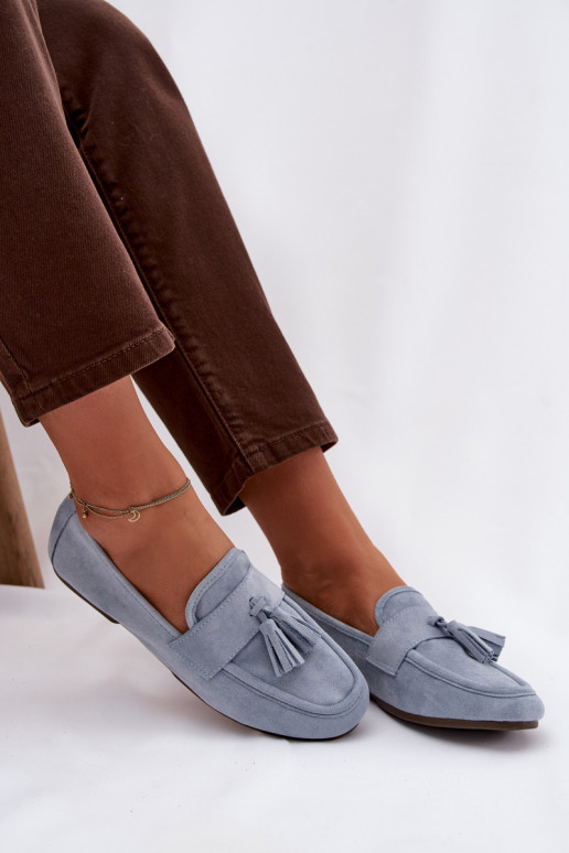 Mokasīni sieviešu ar pūciņām zilā krāsā