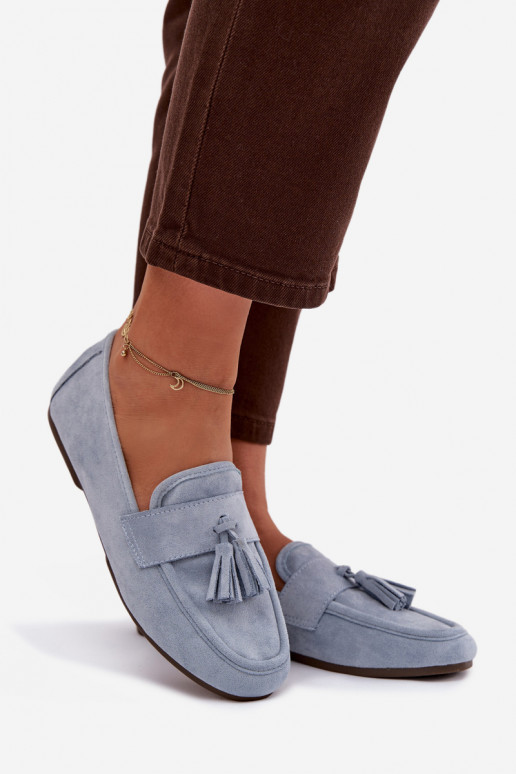 Mokasīni sieviešu ar pūciņām zilā krāsā