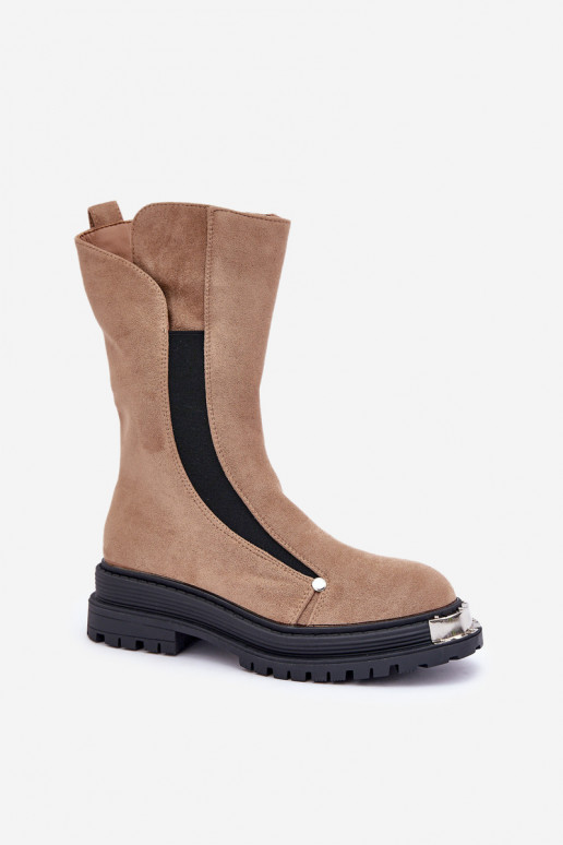 zamšādas siltināti Sieviešu puszābaki ar platiem papēžiem smilšu krāsas Palimra