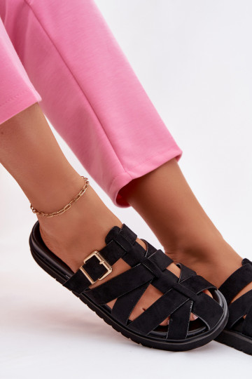 Sieviešu čības ar siksniņām un zelta sprādzēm melnā krāsā Roselisse 2