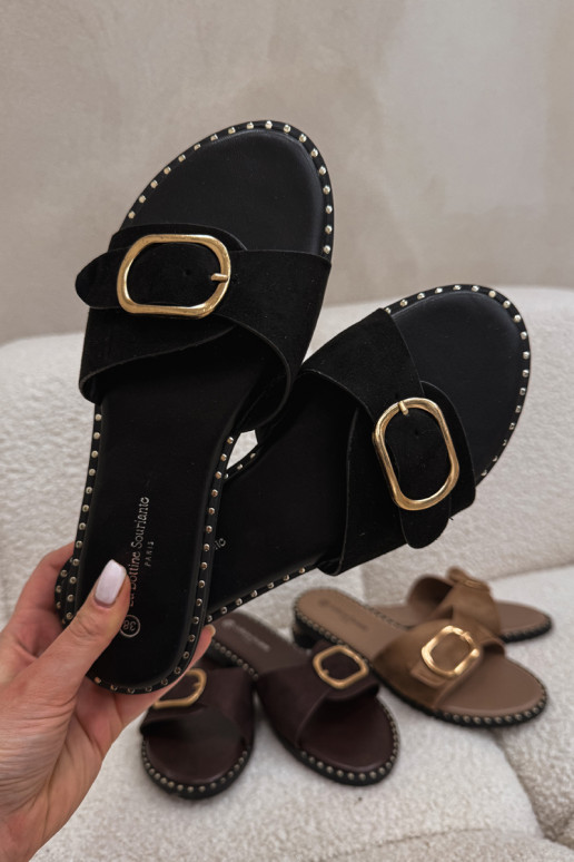 Sieviešu čības ar platām papēžiem un zelta sprādzēm melnā krāsā Selivelle