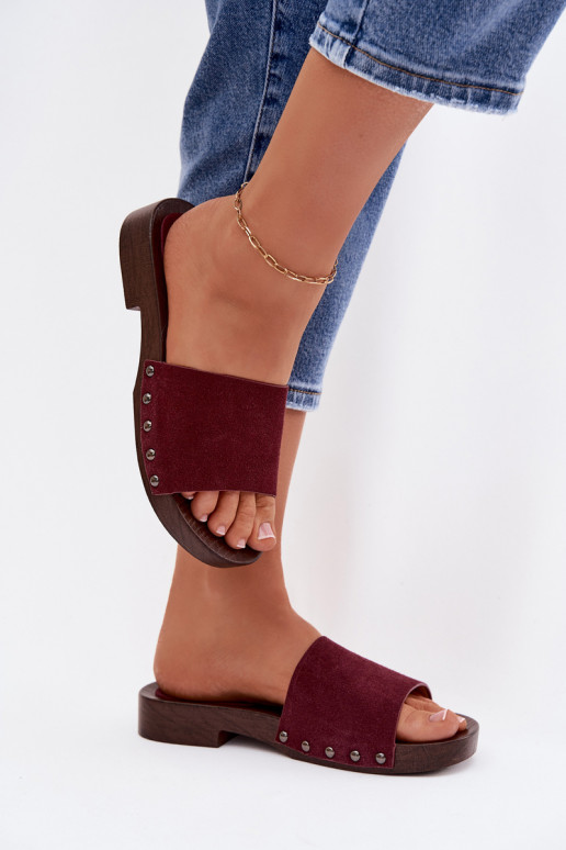 sieviešu čības ar kniedēm ar platiem papēžiem bordo krāsas Amelvessa