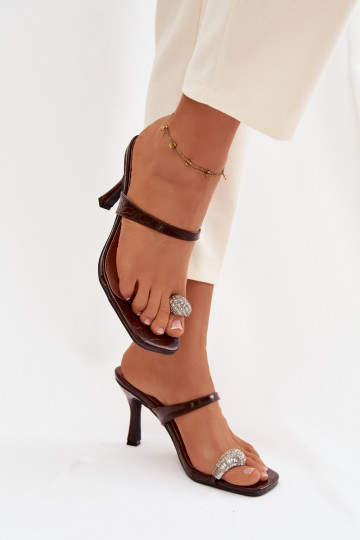 Sieviešu šokolādes krāsas čības ar plāniem papēžiem un grezniem dekoriem Lorissa