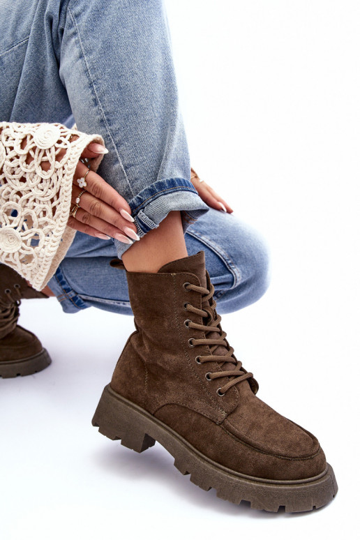 Zamšādas kurpes apavi siltināti ar platiem papēžiem haki krāsas Zikey