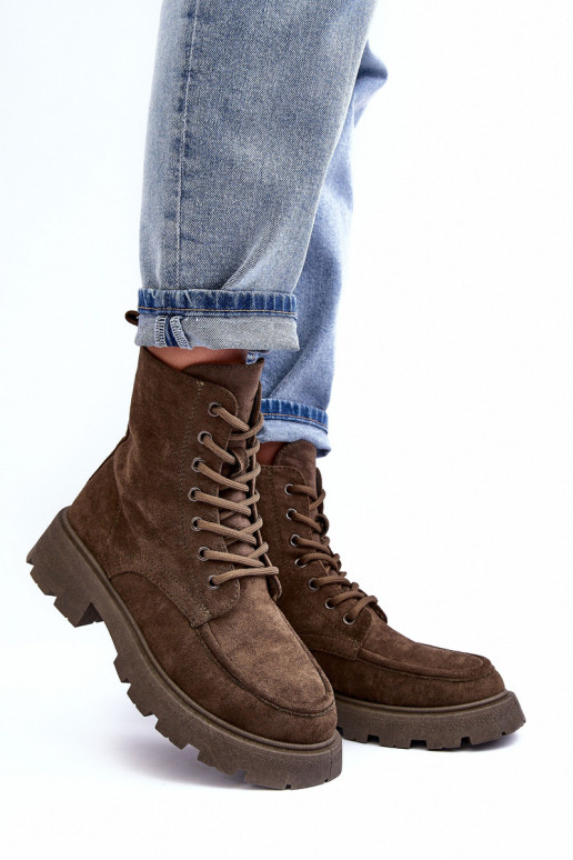 Zamšādas kurpes apavi siltināti ar platiem papēžiem haki krāsas Zikey