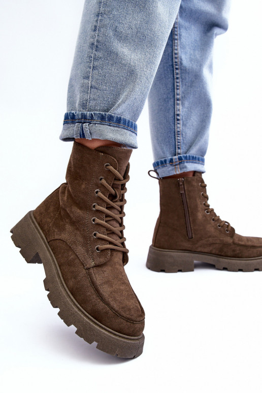 Zamšādas kurpes apavi siltināti ar platiem papēžiem haki krāsas Zikey