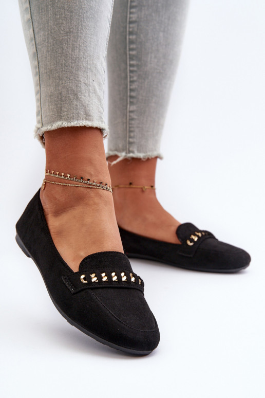 Spīdīgi mokasīni Sieviešu Ar ķēdi melnas krāsas Aredilla