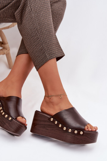 sieviešu čības Uz Ķīļa Un platforma Ze Zelta krāsasmi Kniedes CzekoladoIne Farinelle