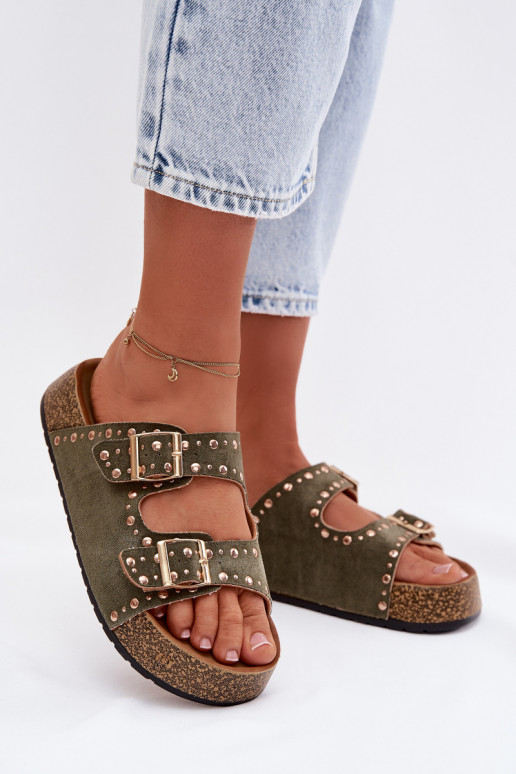 sieviešu čības Ze Zelta krāsasmi ar sprādzēmmi Un kniedes haki krāsas Tervina