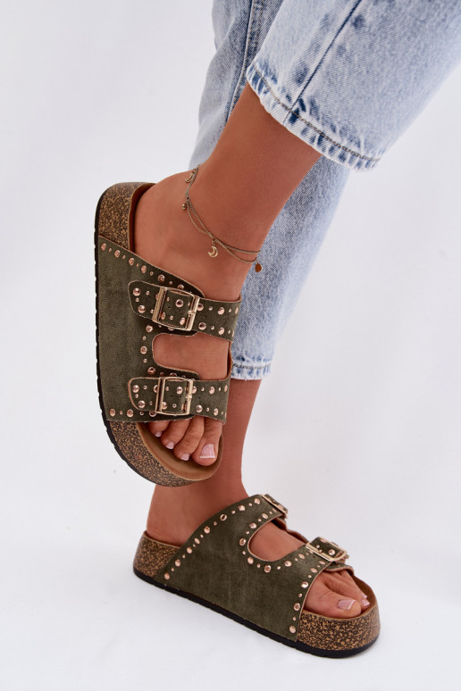 sieviešu čības Ze Zelta krāsasmi ar sprādzēmmi Un kniedes haki krāsas Tervina