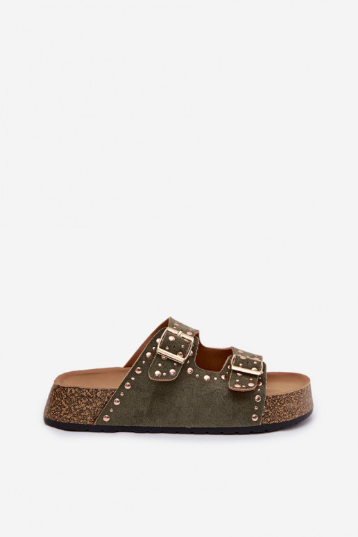 sieviešu čības Ze Zelta krāsasmi ar sprādzēmmi Un kniedes haki krāsas Tervina