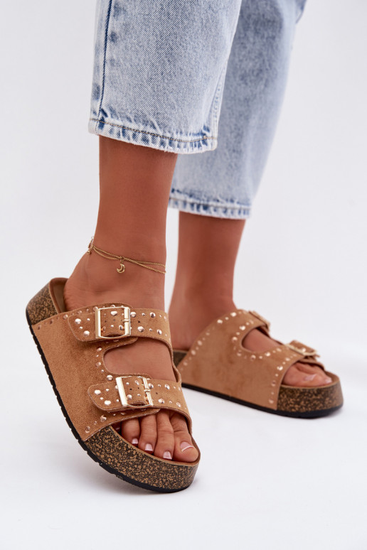 sieviešu čības Ze Zelta krāsasmi ar sprādzēmmi Un kniedes brūnas krāsas Tervina