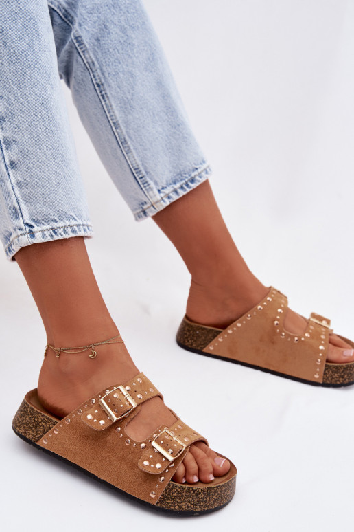 sieviešu čības Ze Zelta krāsasmi ar sprādzēmmi Un kniedes brūnas krāsas Tervina