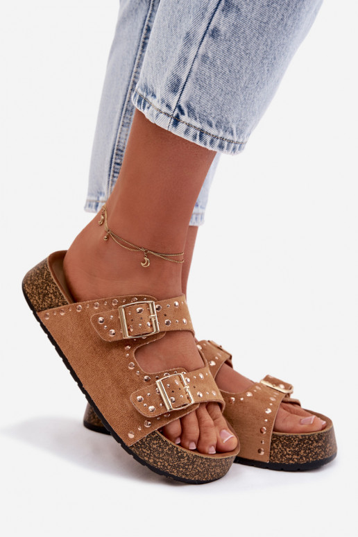 sieviešu čības Ze Zelta krāsasmi ar sprādzēmmi Un kniedes brūnas krāsas Tervina