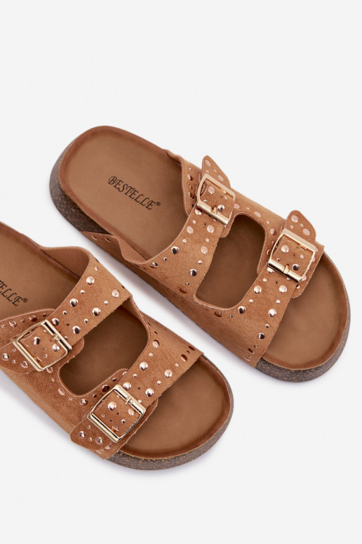 sieviešu čības Ze Zelta krāsasmi ar sprādzēmmi Un kniedes brūnas krāsas Tervina