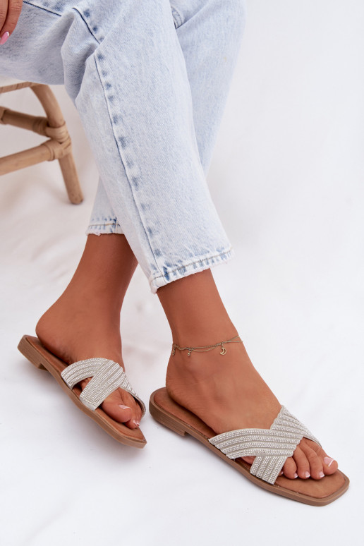 sieviešu čības ar platiem papēžiem ar mirdzošiem spīdumiņiem Sudraba krāsas Zinnia