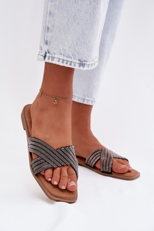 sieviešu čības ar platiem papēžiem ar mirdzošiem spīdumiņiem melnas krāsas Zinnia