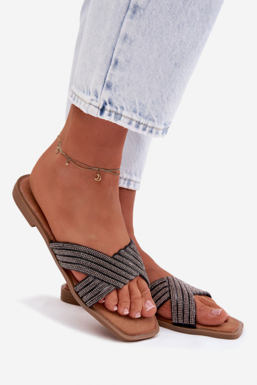 sieviešu čības ar platiem papēžiem ar mirdzošiem spīdumiņiem melnas krāsas Zinnia