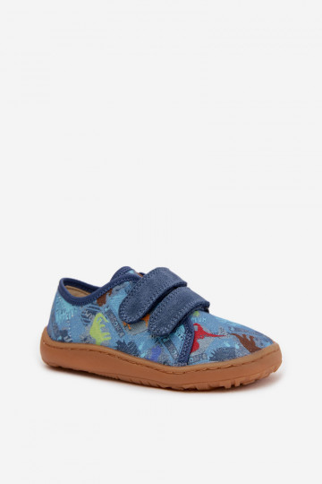 Bērnu šļūcenes Barefoot ar dinozauriem Froddo Canvas G1700440-15 zilā krāsā