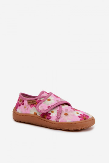 Bērnu šļūcenes ar lipīgām aizdares Barefoot ar puķītēm Froddo G1700438-8 rozā krāsā