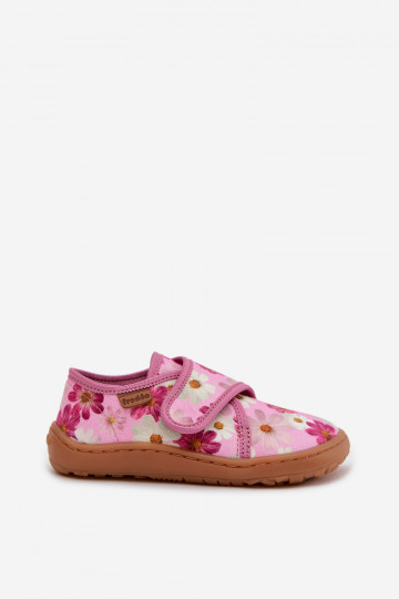 Bērnu šļūcenes ar lipīgām aizdares Barefoot ar puķītēm Froddo G1700438-8 rozā krāsā 2