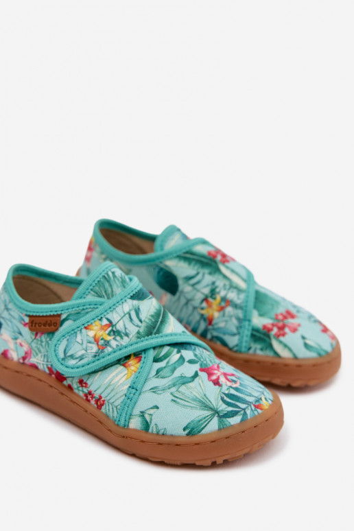 Čības Bērnu apavi ar lipīgām aizdarēm Barefoot Ziedi Liście Froddo G1700438-14 piparmētras krāsas