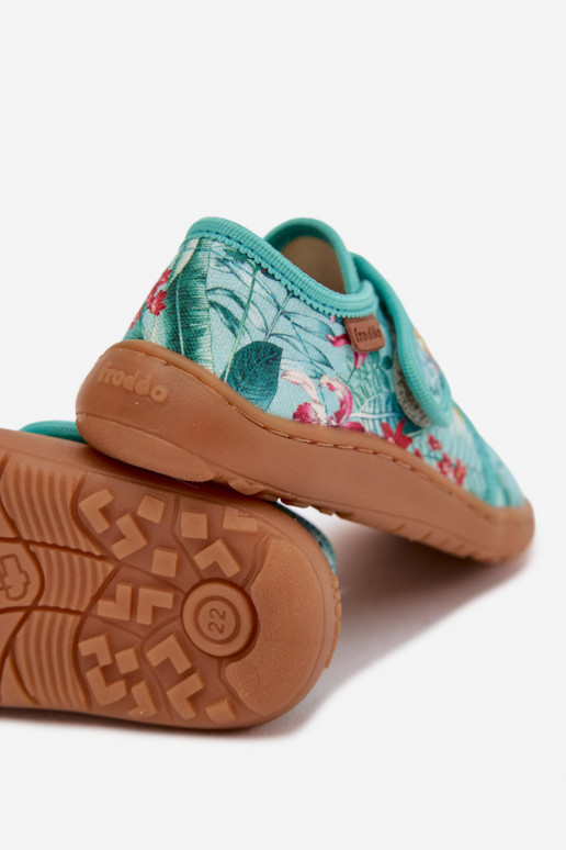 Čības Bērnu apavi ar lipīgām aizdarēm Barefoot Ziedi Liście Froddo G1700438-14 piparmētras krāsas