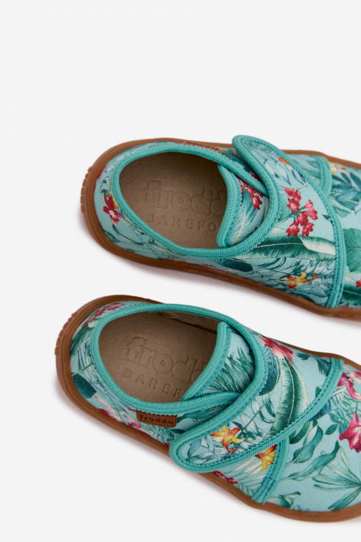 Čības Bērnu apavi ar lipīgām aizdarēm Barefoot Ziedi Liście Froddo G1700438-14 piparmētras krāsas