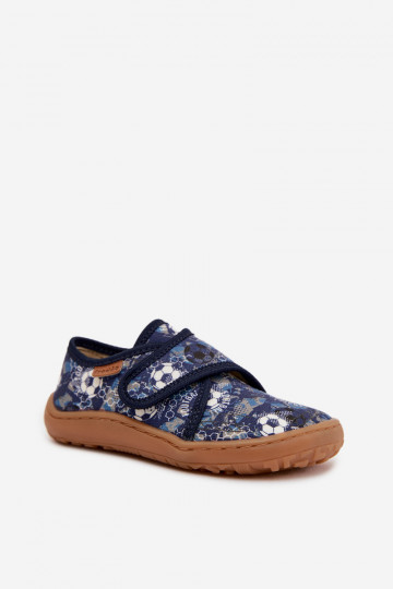 Bērnu zēnu šļūcenes ar lipīgām aizdares Barefoot ar bumbām Froddo G1700438-6 tumši zilā krāsā