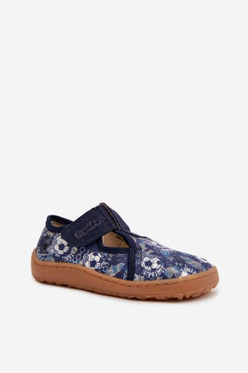 Bērnu šļūcenes ar lipīgām aizdares Barefoot ar bumbām Froddo Canvas G1700439-5 zilā krāsā