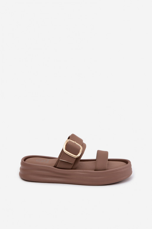 Auduma sieviešu čības ar platformu Ar svītrām I Złotą ar sprādzēm Haki krāsas Ameliette