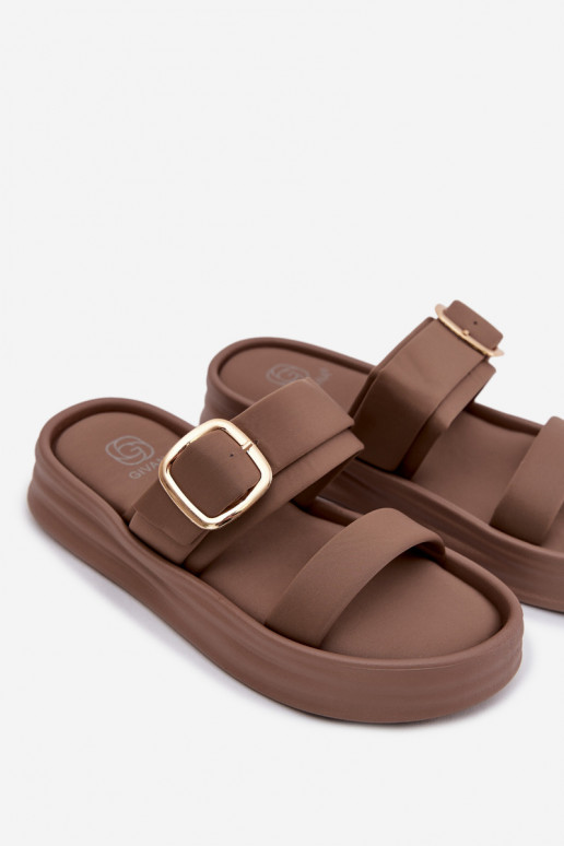 Auduma sieviešu čības ar platformu Ar svītrām I Złotą ar sprādzēm Haki krāsas Ameliette