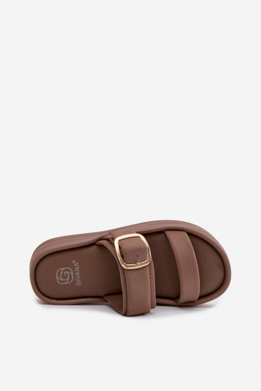 Auduma sieviešu čības ar platformu Ar svītrām I Złotą ar sprādzēm Haki krāsas Ameliette