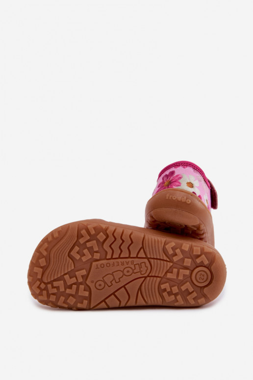 Čības Bērnu apavi ar lipīgām aizdarēm ar puķītēm Barefoot Froddo Cannvas G1700439-4 Rozā krāsas