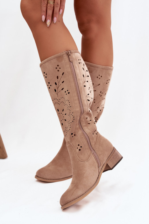 Haki krāsas sieviešu garie zābaki ar ažūra elementiem Helinna