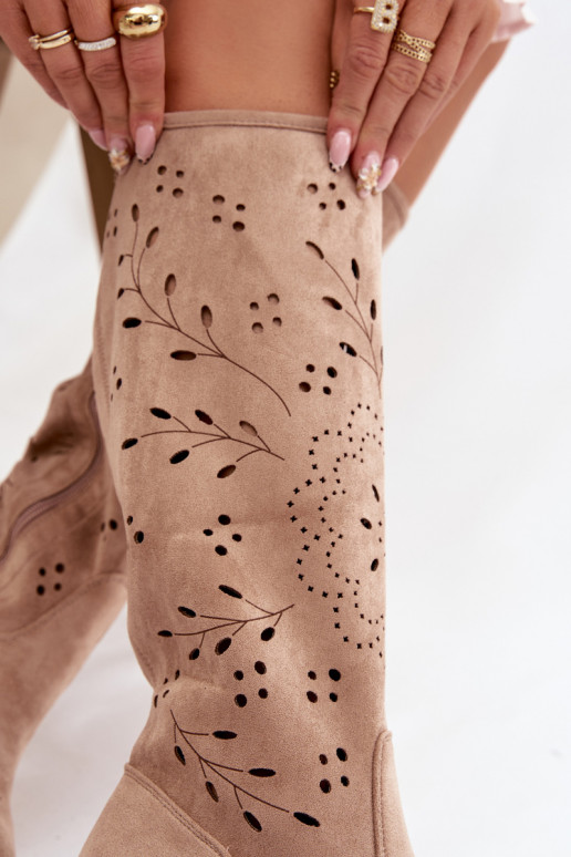 Haki krāsas sieviešu garie zābaki ar ažūra elementiem Helinna