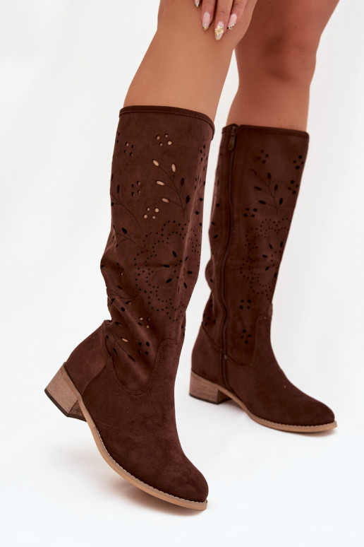 Šokolādes krāsas sieviešu garie zābaki ar caurumiņu elementiem Helinna