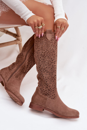 Ažūrs sieviešu garie zābaki ar platiem papēžiem S.Barski HY61-8023 brūnas krāsas