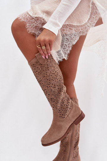 Ažūrs sieviešu garie zābaki ar platiem papēžiem S.Barski HY61-8023 smilšu krāsas 2