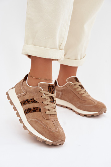 zamšādas Sneakers modeļa apavi Sieviešu ar platformu ar leoparda kažokādas rakstu S.Barski LR61-7071 brūnas krāsas 2