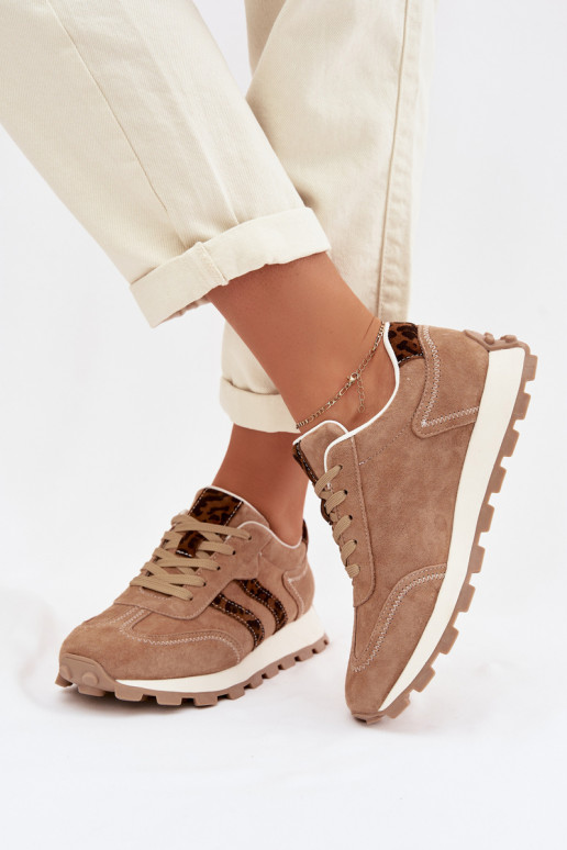 zamšādas Sneakers modeļa apavi Sieviešu ar platformu ar leoparda kažokādas rakstu S.Barski LR61-7071 brūnas krāsas