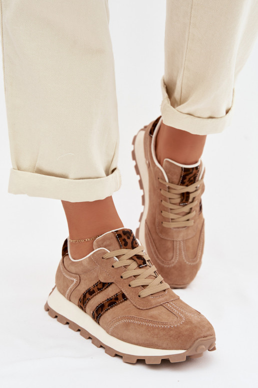 zamšādas Sneakers modeļa apavi Sieviešu ar platformu ar leoparda kažokādas rakstu S.Barski LR61-7071 brūnas krāsas